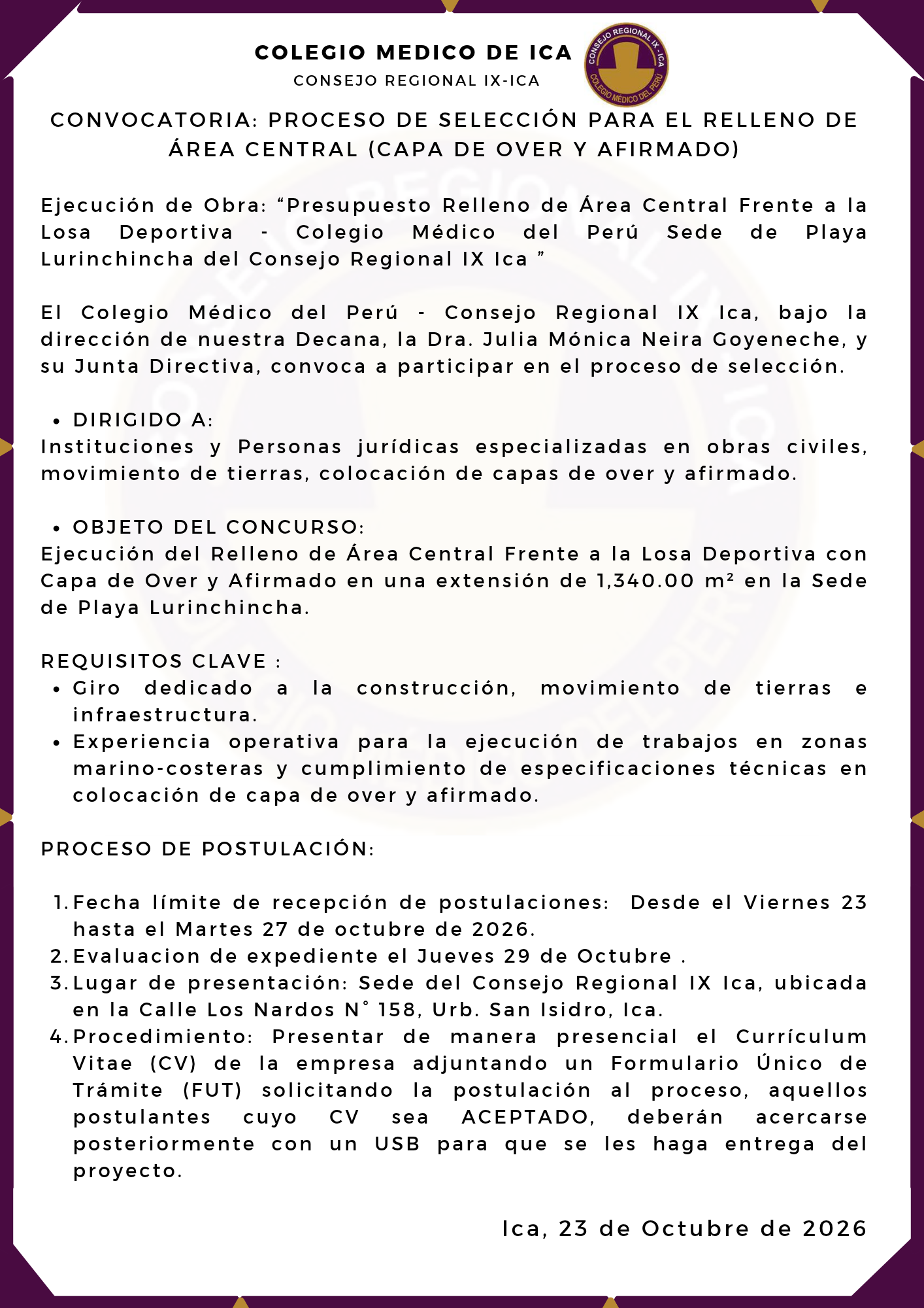 Convocatoria: Selección para Relleno de Área Central